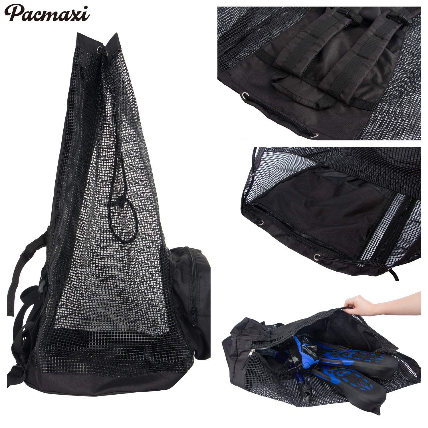 Pacmaxi Scuba Diving Bag, Oversized Mesh Scuba Diving Backpack For Snorkeling Gear & Equipment, Holds Mask, Fins, Snorkel (Black