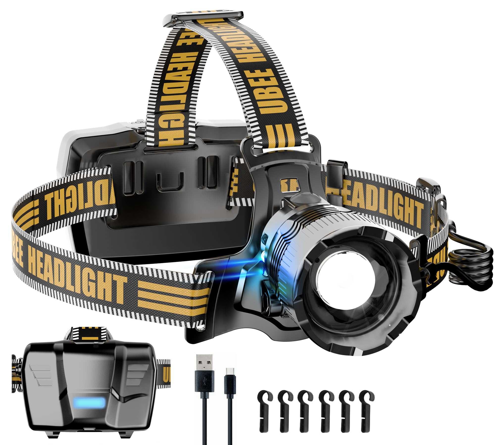 UBEE Headlamp Rechargeable, 800LM Head Lamp Super Bright LED Rechargeable Head Lamps with 7 Modes & IP68 Waterproof Rechargeable