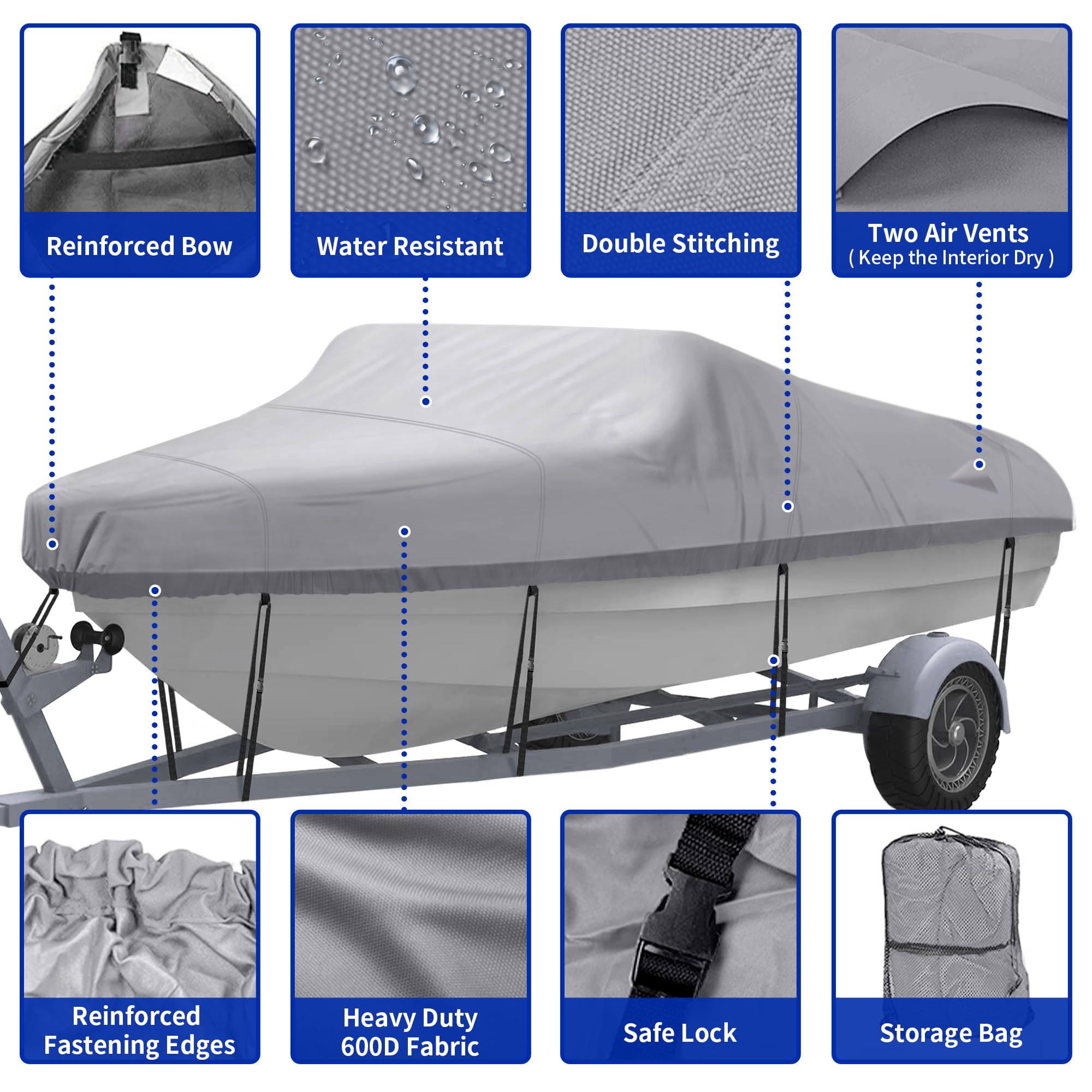 Nexcover Trailerable Boat Cover, Length: 16      -18.5       Beam Width: Up To 94      , Waterproof Heavy Duty Cover, Fits V-Hul