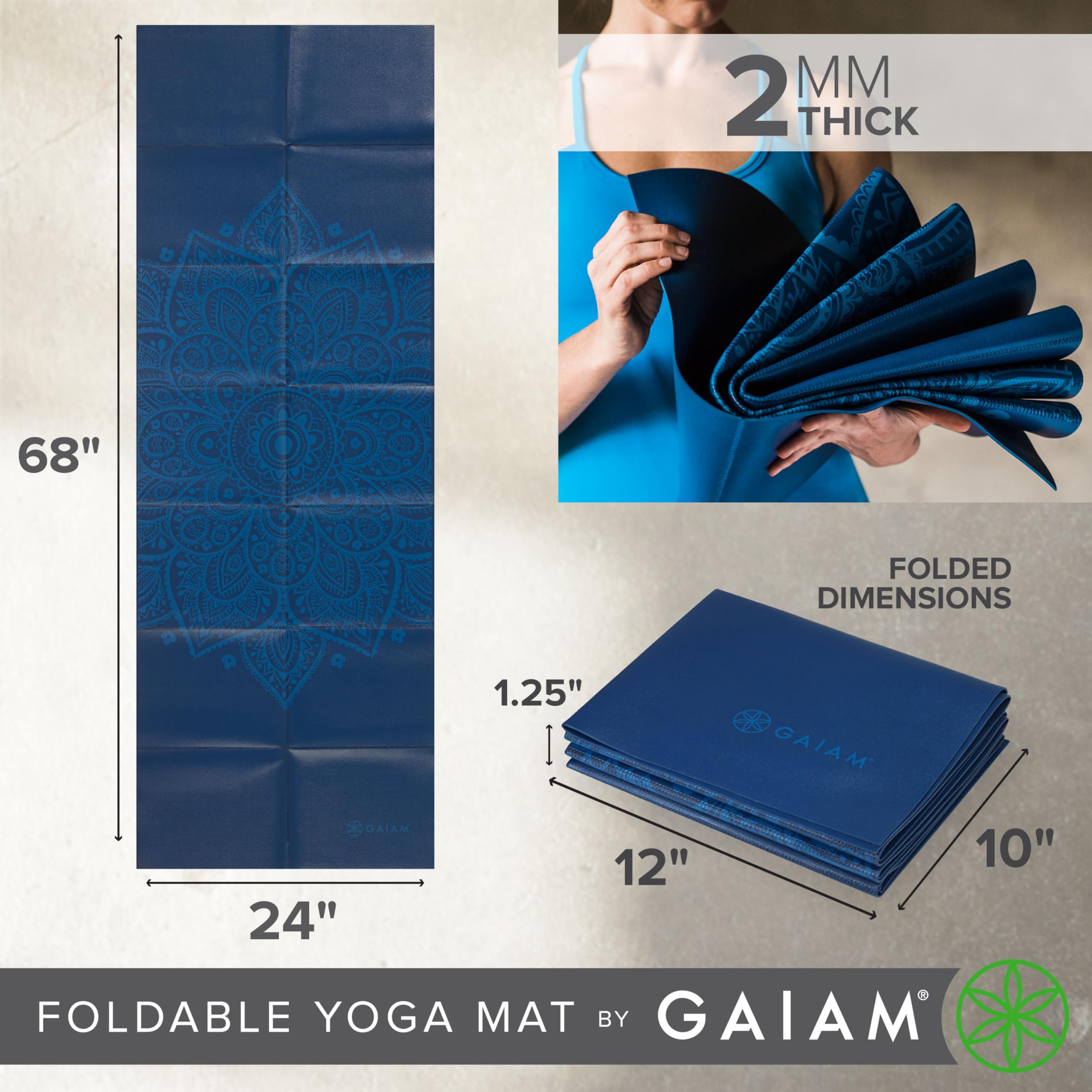 Gaiam Yoga Mat Folding Travel Fitness & Exercise Mat | Foldable Yoga Mat For All Types Of Yoga, Pilates & Floor Workouts, Blue S