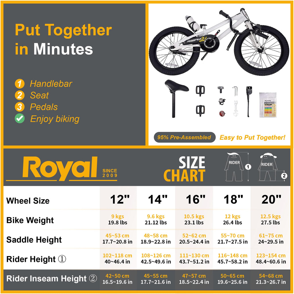 Royalbaby Freestyle Kids Bike 18 Inch Wheels Childrens Bicycle For Boys Girls Ages 5-9 Years, White