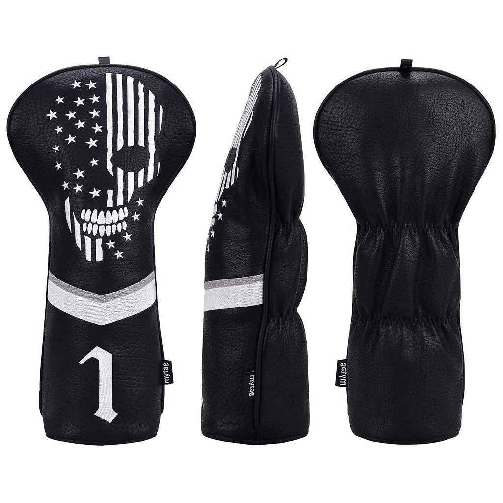 Caiobob Mytag Golf Skull Skeleton Head Cover Golf Club Black Leather Headcovers Set Fits Driver Fairway Wood Hybrid (1Pc Driver