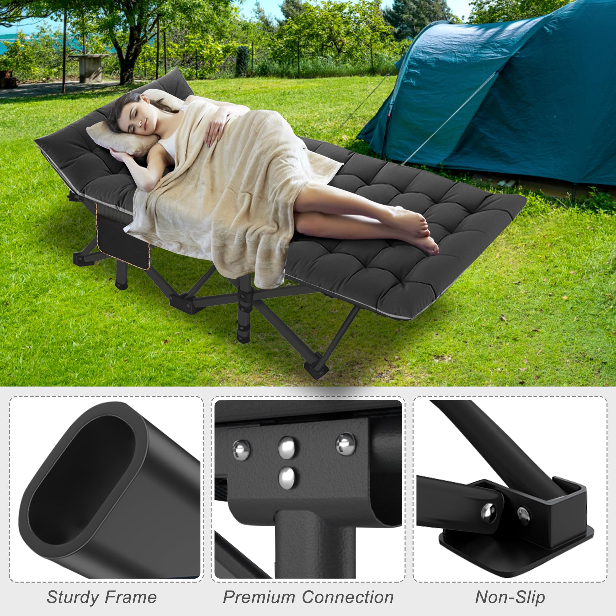 Aboron Folding Camping Cot W/Mat For Adults, Heavy Duty Outdoor Bed With Carry Bag,1200 D Layer Oxford Travel Camp Cots (Black C