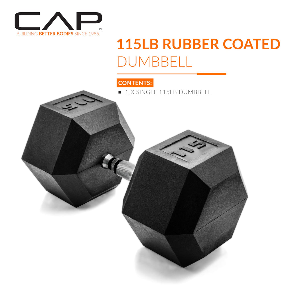CAP Barbell 115 LB Rubber Coated Hex Dumbbell Hand Weight - Single | Chrome Handle