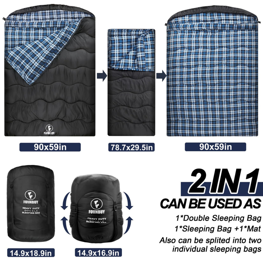 Forinbuy Winter Cotton Flannel Double Sleeping Bag,Queen Size Sleeping Bag For Adults, Cold Weather Waterproof 2 Person Sleeping