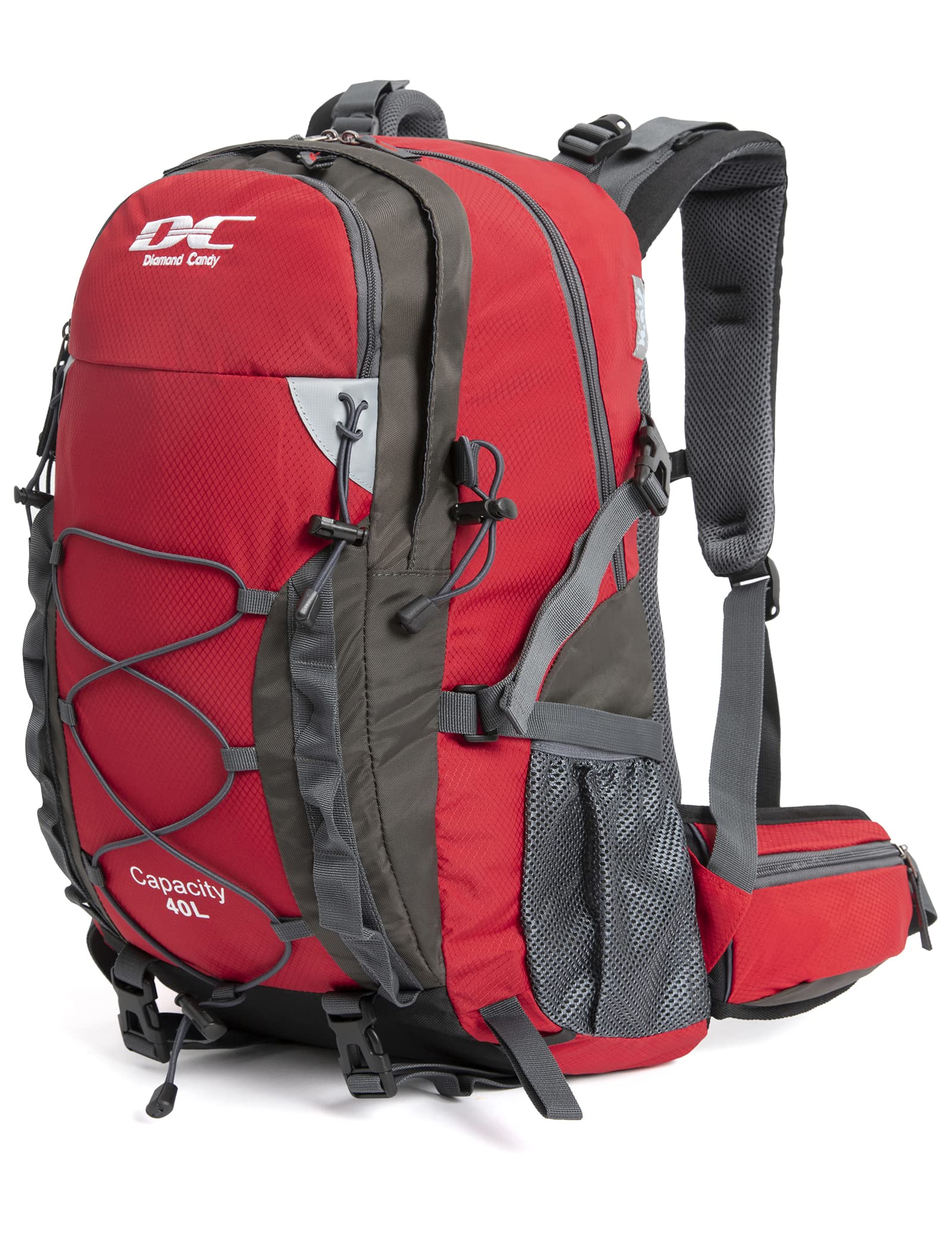 Diamond Candy Waterproof Hiking Backpack for Men and Women, Lightweight Day Pack for Travel Camping, Ruby, 40L