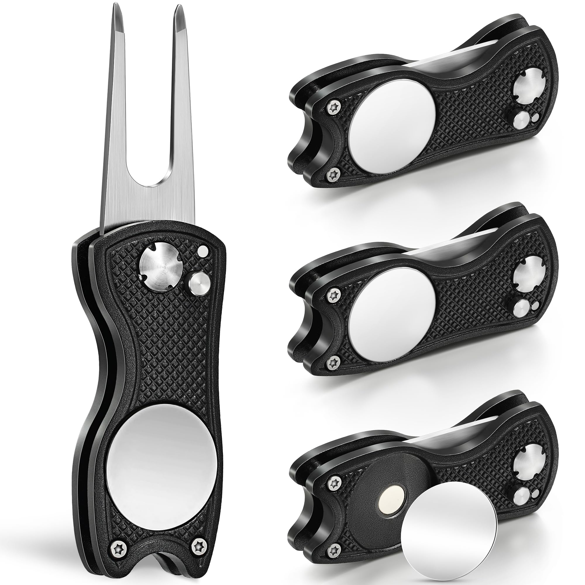 Mile High Life 4 Pack Golf Divot Repair Tool W Magnetic Golf Ball Marker | All Metal Foldable Divot Tool W Pop-Up Button | Golf
