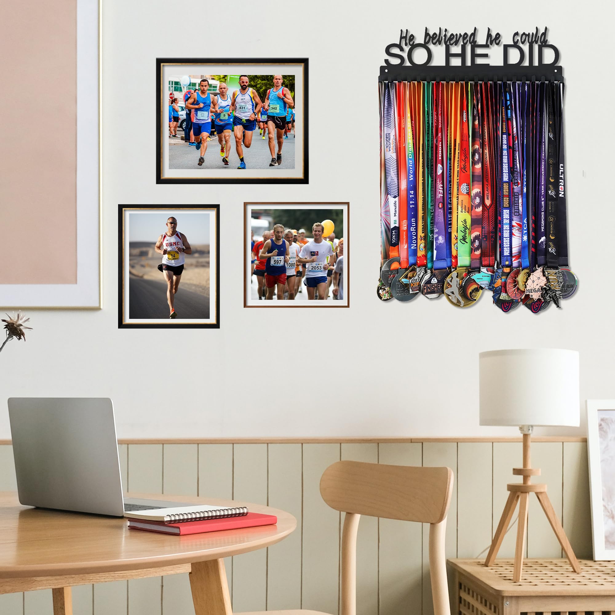 Goutoports Medal Holder Display Hanger - He Believed He Could He Did - Personalized Medal Wall Hanger for Sport Race Runner Stur