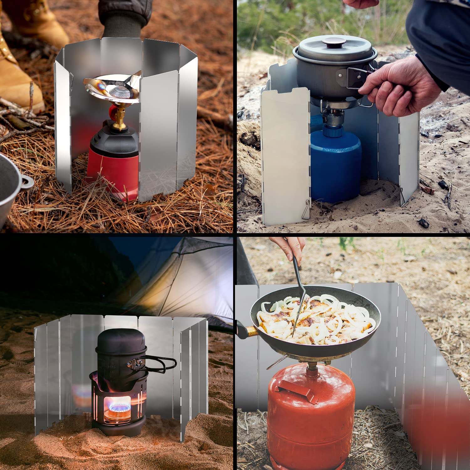 Stove Windscreen, Ohuhu Camp Stove Windscreen 10 Plates Aluminum Folding Portable Camping Stove Windshield Burner Stove With Car