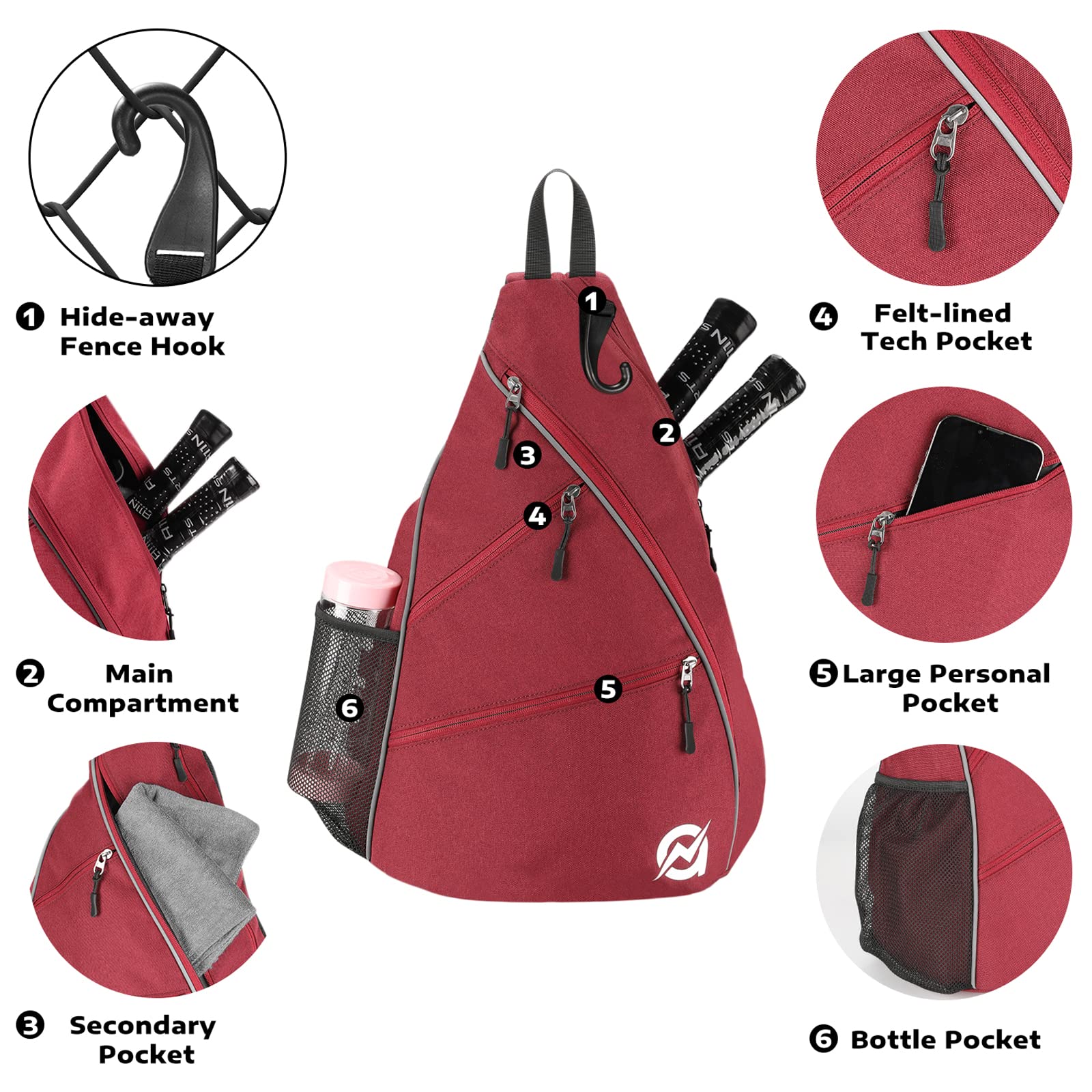 A11N Pickleball Bag, Reversible Crossbody Sling Bag/Backpack For Women Men, Burgundy