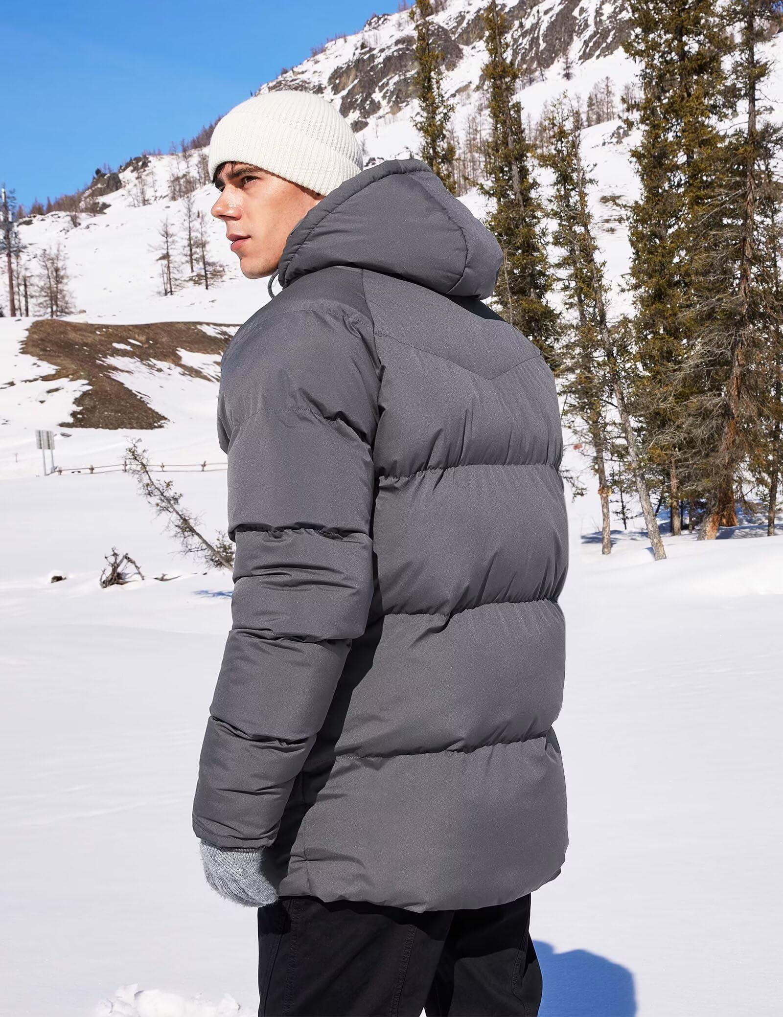 Rejork Men s Long Winter Coat Hooded Warm Quilted Jacket Water-resistant Cold Weather Parka Grey S