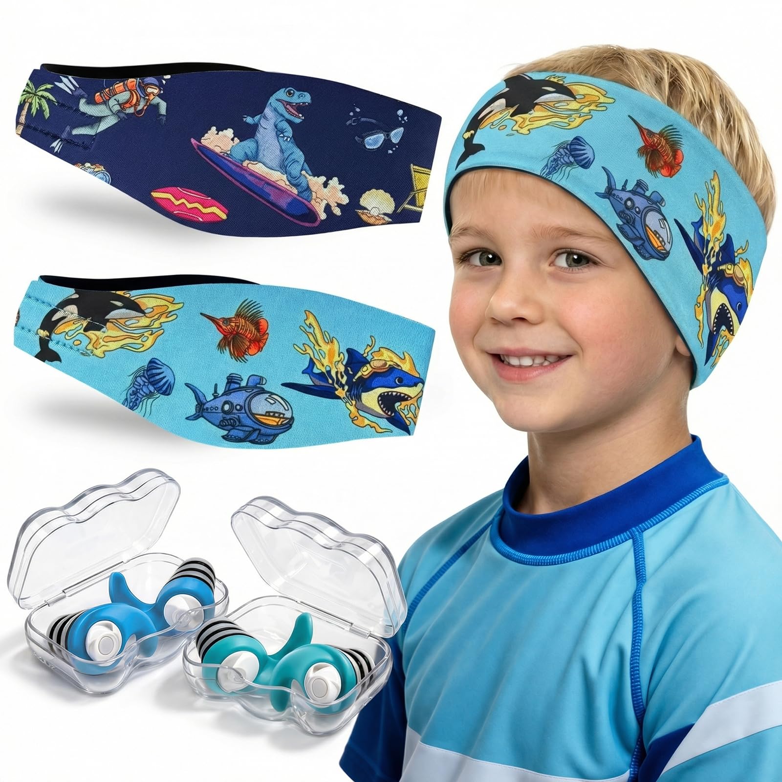 Swimming Headband for Kids - 2 Pairs Waterproof Ear Plugs & Adjustable Swim Ear Band,Keep Water Out and Hold Earplugs in - Water