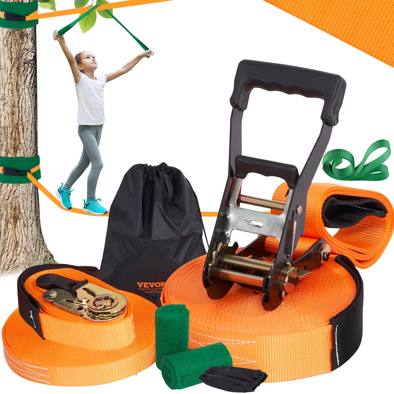 VEVOR Slackline Kit with Training Line, 60 ft Backyard Slack Line Equipment, Easy Setup Tight Rope for Kids Adults, Complete Sla
