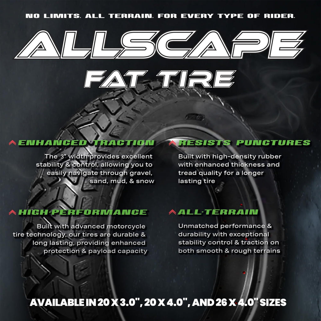 Allscape 20X3 E-Bike Fat Tires, Includes Tubes, Heavy Duty 20 Inch X 3.0 Fat Tyre For E Bikes, Mountain Bikes, All Terrain Tire