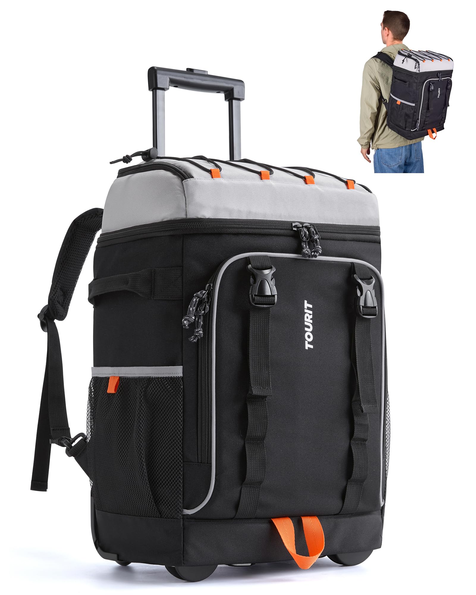 Tourit 50-Can Rolling Backpack, Double Deck & Dual-Bar Handle Travel Soft Cooler Bag With Wheels For Women, 30L Space Beach Cool