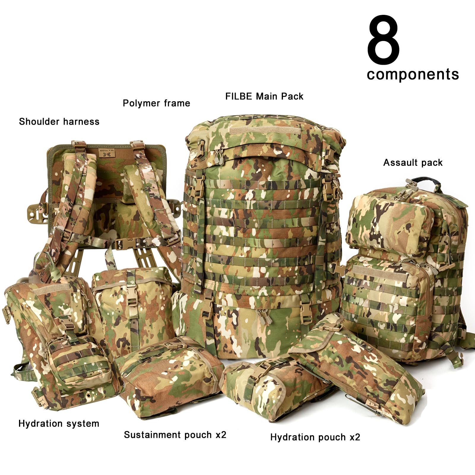 Mt Filbe 100L+ Modular Tactical Backpack System Military Rucksack With External Abs Frame, Detachable Assault Pack & Hydration C