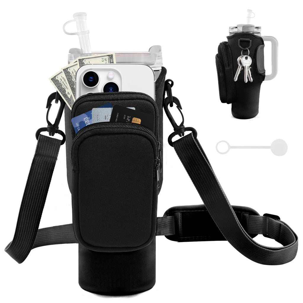 Jebealuo Water Bottle Carrier Bag With Phone Pocket For Stanley Cup 40/30 Oz, Water Bottle Holder With Adjustable Strap& Straw C