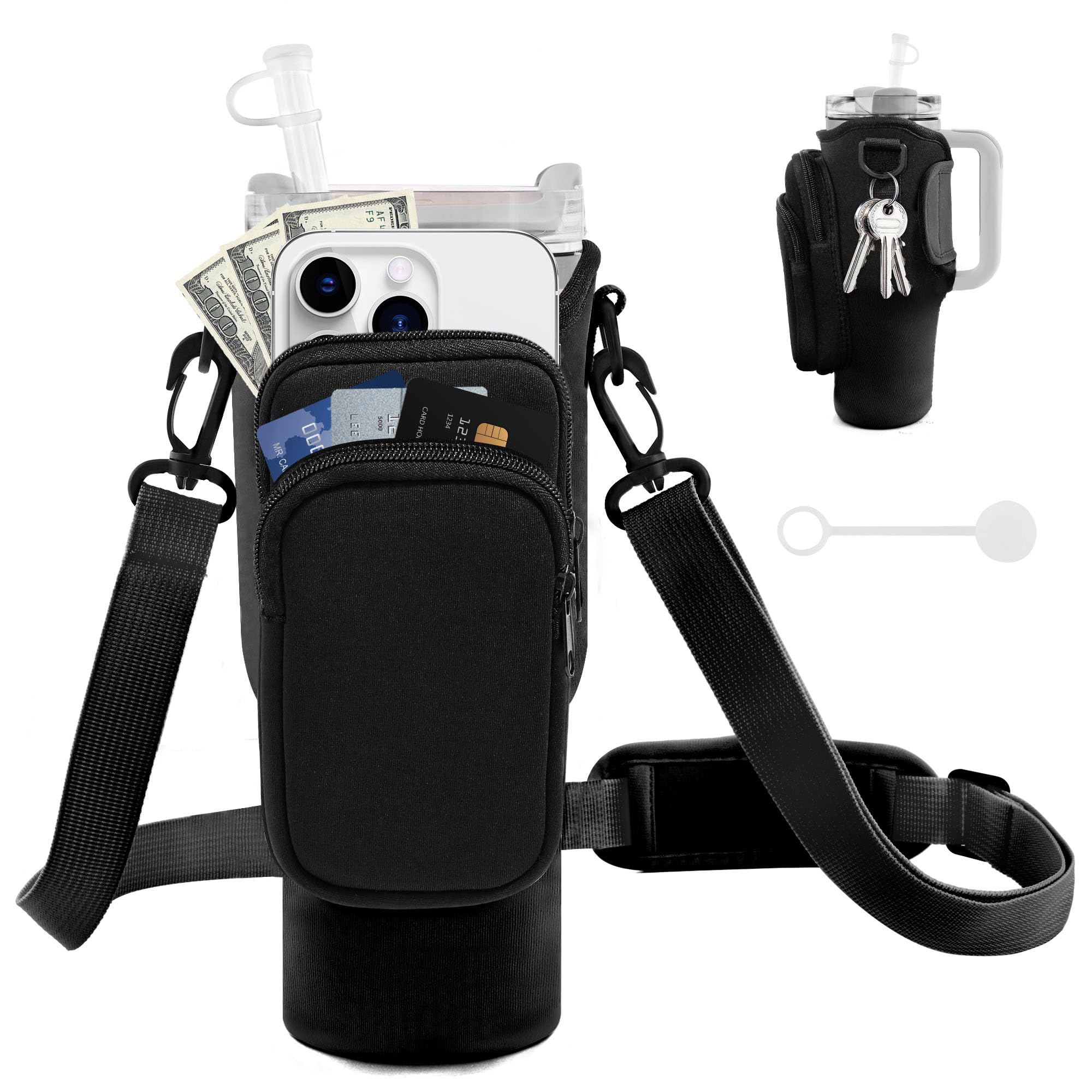 Jebealuo Water Bottle Carrier Bag With Phone Pocket For Stanley Cup 40/30 Oz, Water Bottle Holder With Adjustable Strap& Straw C