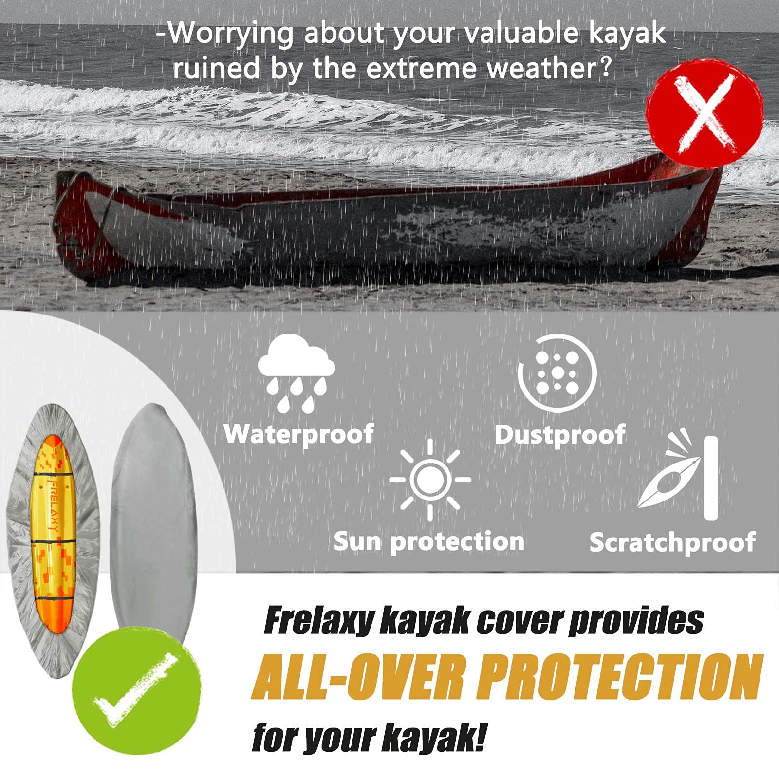 Frelaxy 420D Kayak Cover, Heavy Duty Waterproof Uv Resistant Kayak Covers For Outdoor Storage, Ultra Strong Canoe Storage Dust C