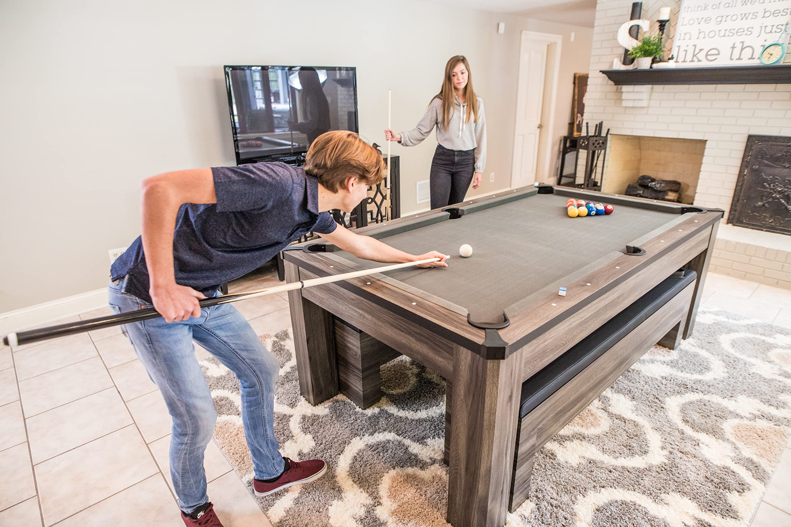 Atomic 7 Hampton 3-In-1 Combination Table Includes Billiards, Table Tennis, And Dining Table With Dual Storage Bench Seating, Gr
