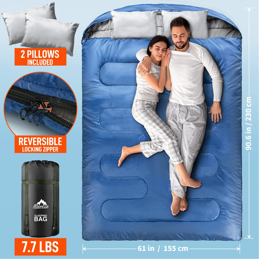 Mereza Double Sleeping Bag For Adults Mens With Pillow, Xl Queen Size For All Season Camping Hiking Backpacking 2 Person Sleepin