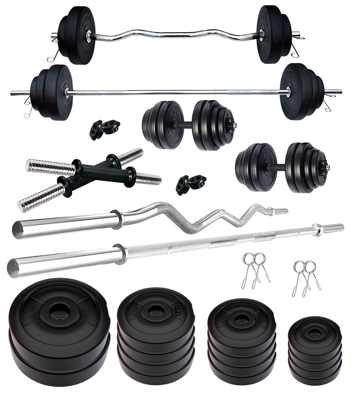 Kore Pvc 60 Kg Home Gym Set With One 5 Ft Plain + One 3 Ft Curl Rod And One Pair Dumbbell Rods, Multicolour