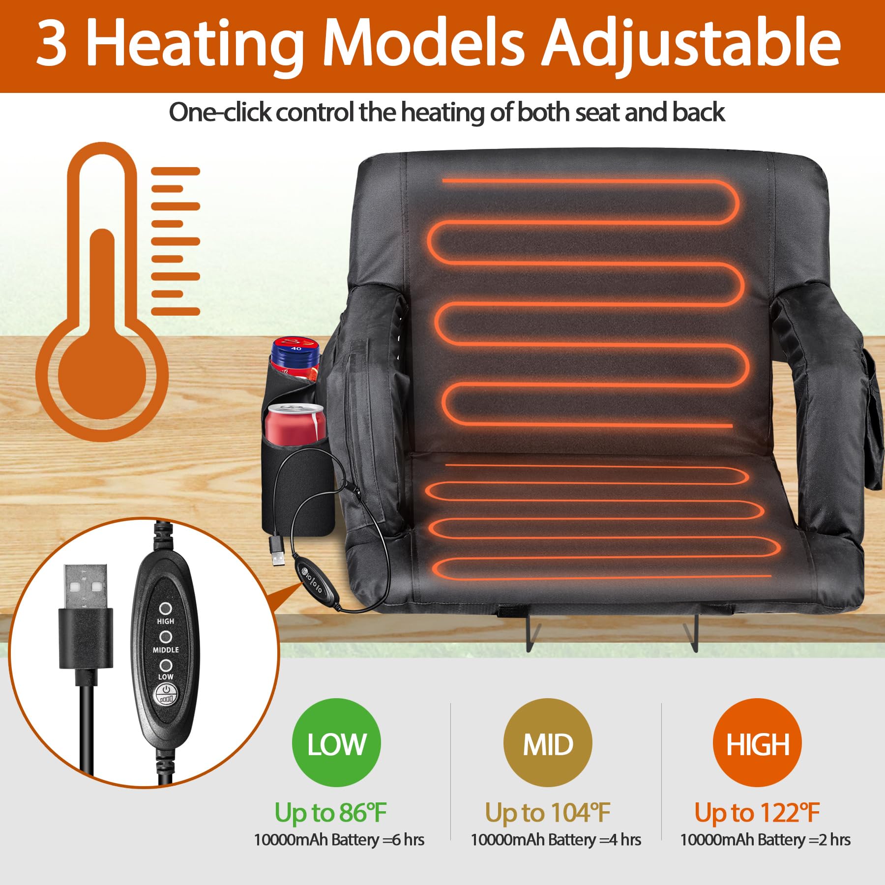 Lemy Heated Stadium Seat For Bleachers With Back Support,25 Wide 6-Position Reclining Padded Cushion,Black Portable Folding Chai