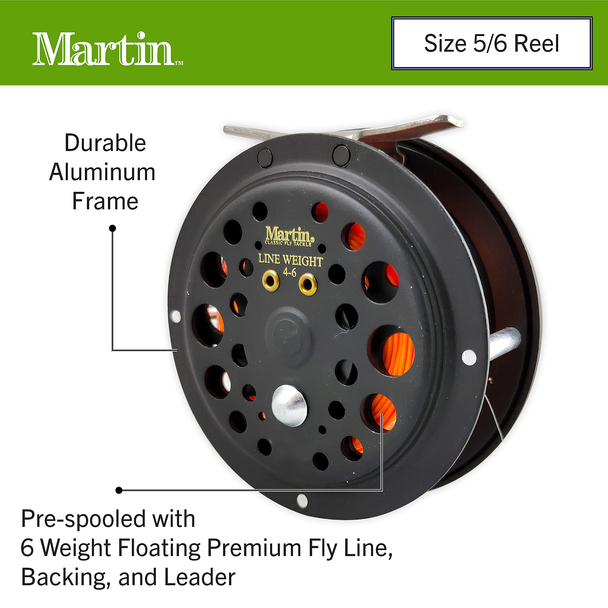 Martin Complete Fly Fishing Kit, 8-Foot 5/6-Weight 3-Piece Fly Fishing Pole, Size 5/6 Rim-Control Reel, Pre-Spooled With Backing