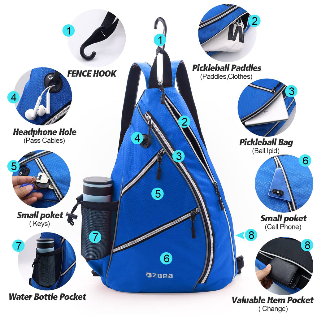 Zoea Pickleball Bag, Sport Pickleball Sling Bag For Women Man, Adjustable Pickleball Backpack With Water Bottle Holder, Fits 4 P