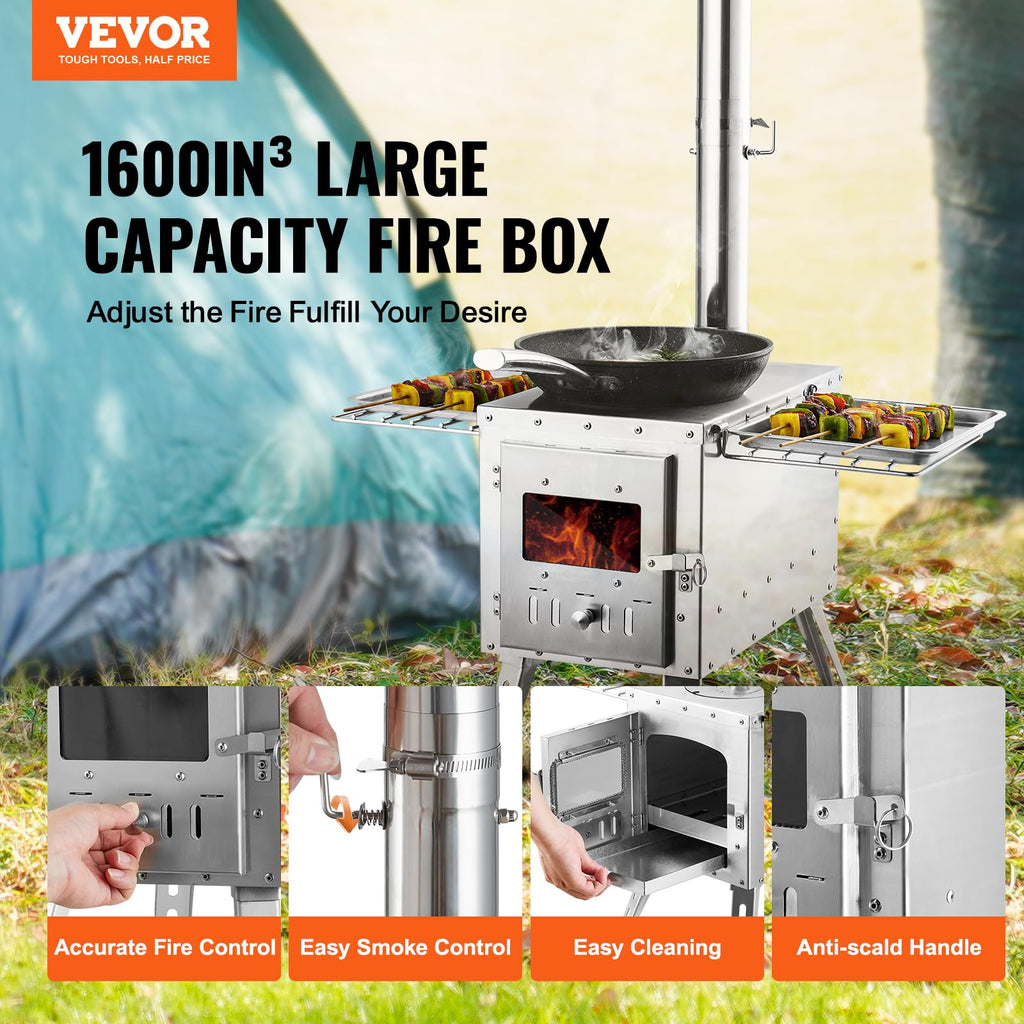 Vevor Camping Wood Stove Stainless Steel Camping Tent Stove, Portable Wood Burning Stove With Chimney Pipes & Gloves, 1646Infire