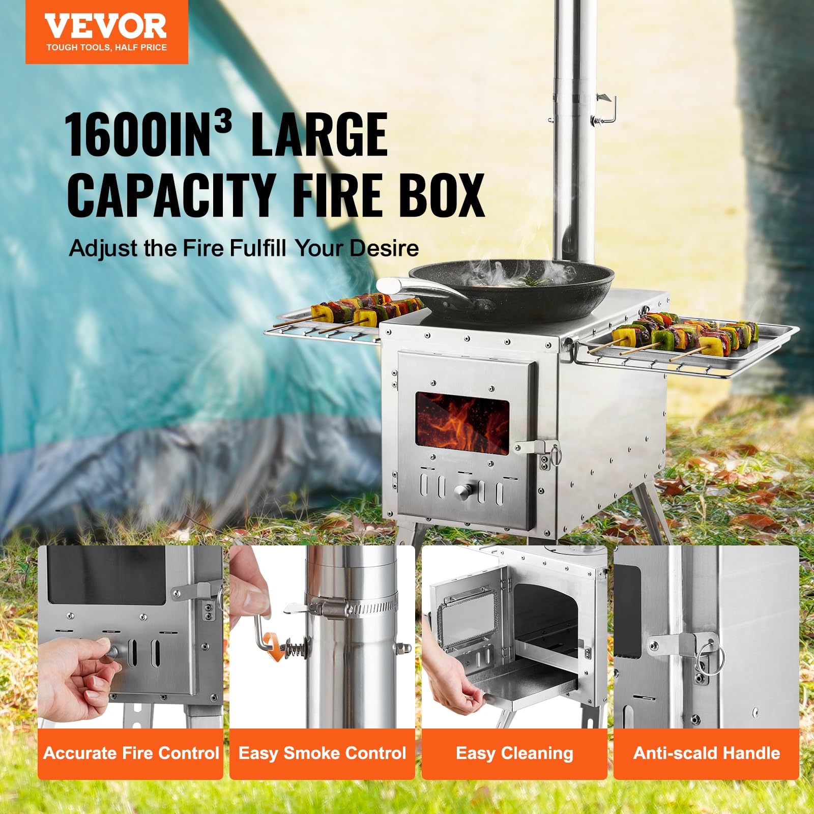 Vevor Camping Wood Stove Stainless Steel Camping Tent Stove, Portable Wood Burning Stove With Chimney Pipes & Gloves, 1646Infire