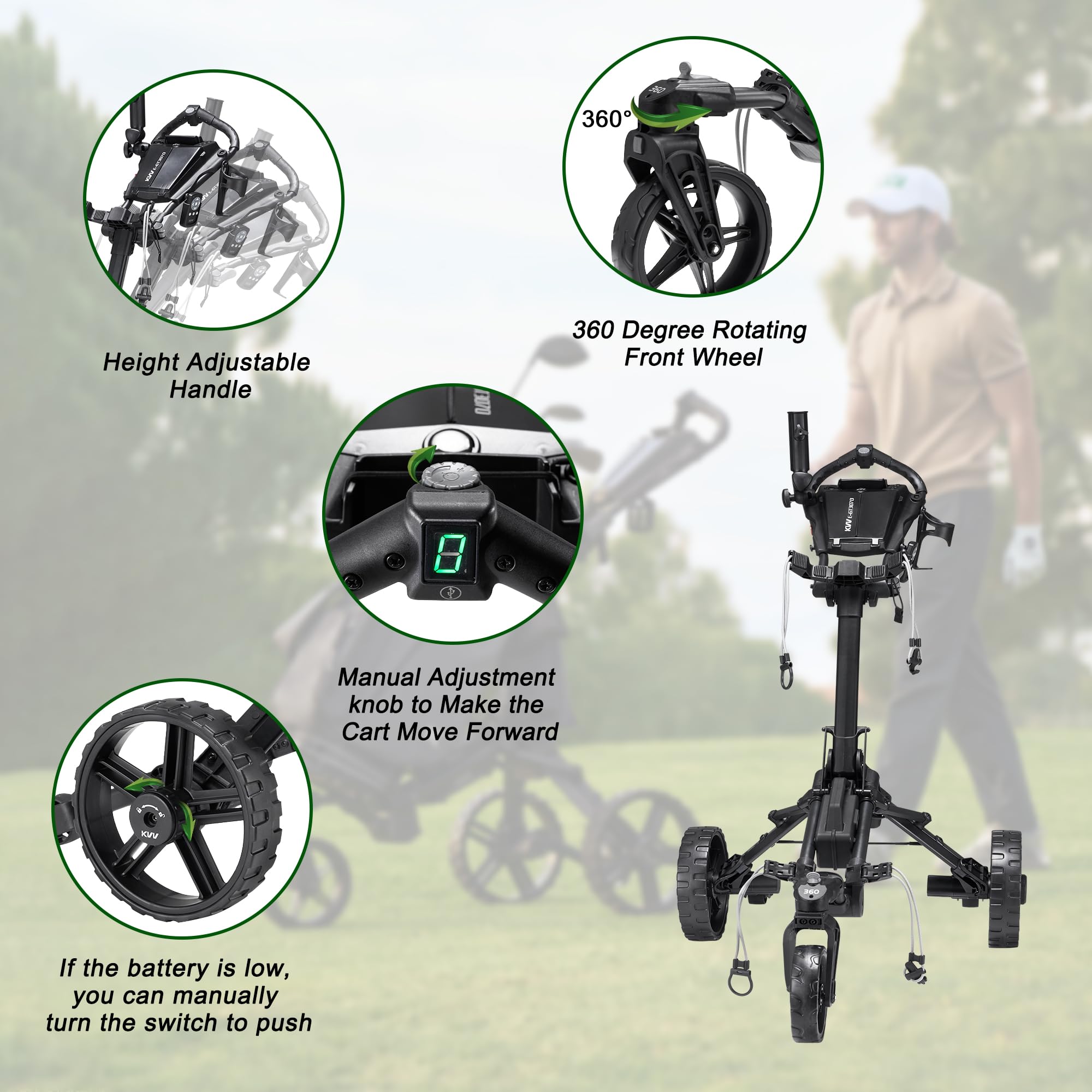 Kvv Electric Golf Push Cart With Remote Control, Smallest Folding Size, Suitable For All Terrains, Lightweight And Super Compact