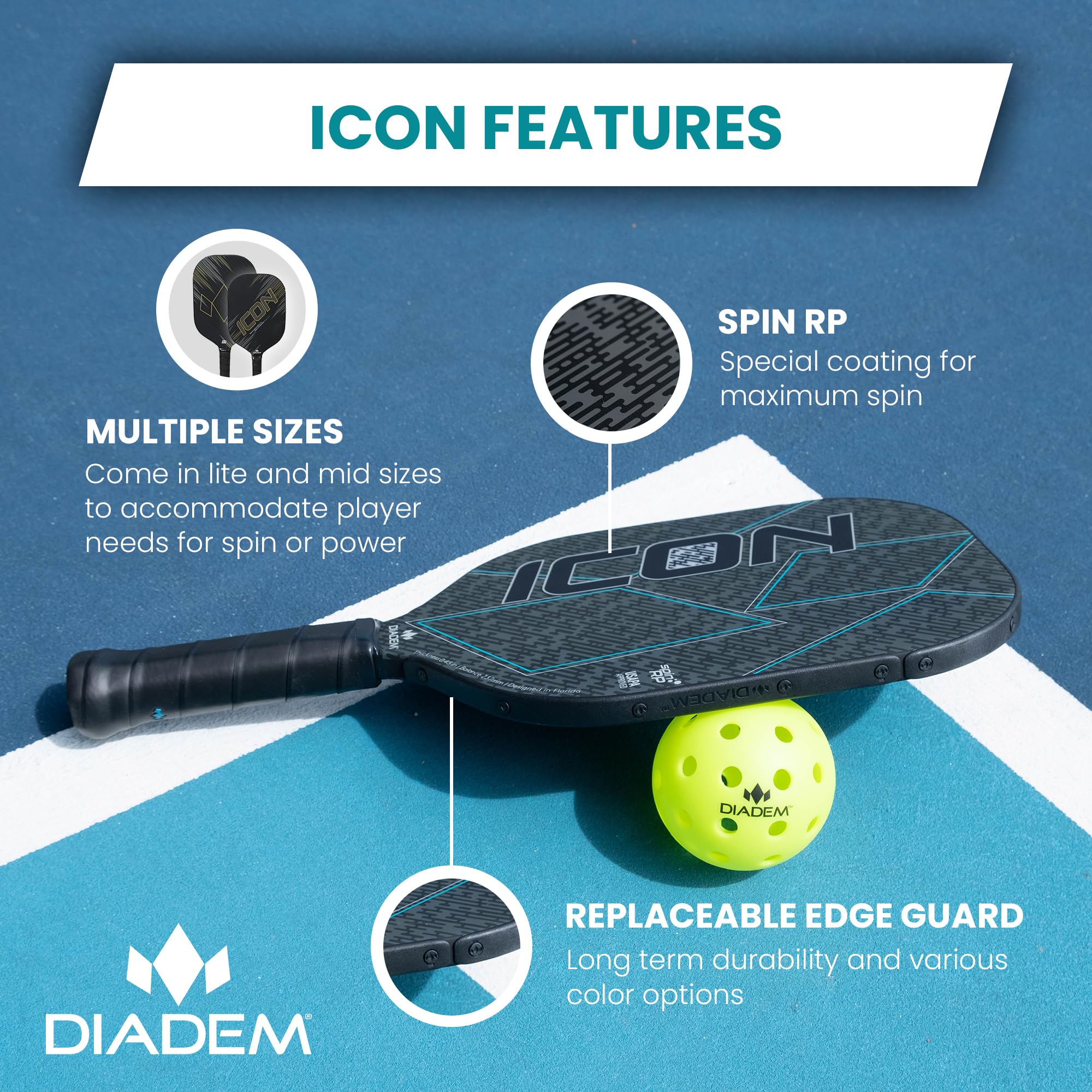 Diadem Icon Pickleball Paddle (Black, Lite, 77Oz)  Graphite Carbon Fiber, Honeycomb Core, Fiberglass Face, Ultra Sleek Edge Guar