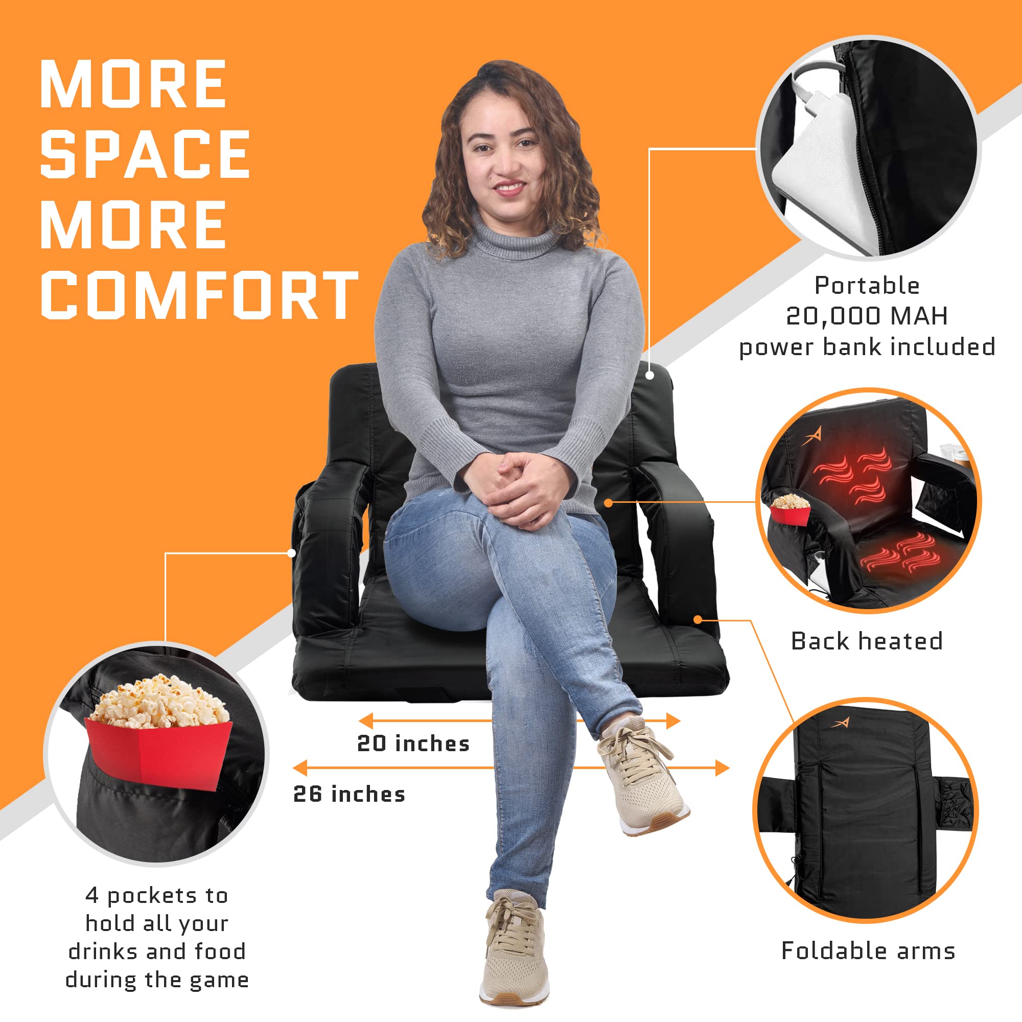 Aceletiqs Stadium Seats For Bleachers With Back Support - Usb Battery Included - Upgraded 3 Levels Of Heat - Foldable Chair - Cu