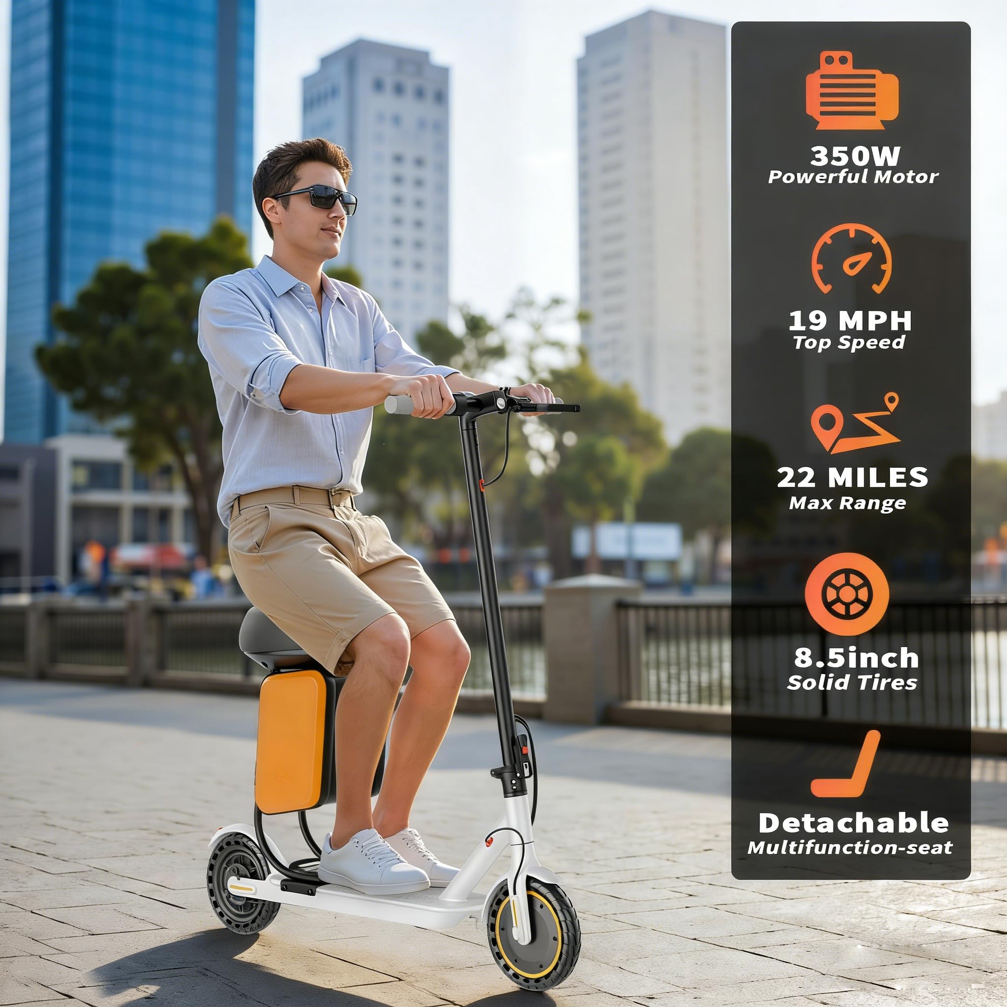 Qlaway Electric Scooter with Seat, 350W Motor, Top Speed 19Mph(31km/h), Max 22 Miles Ranges, 350W Motor, 8.5 Solid Tires, Alumin