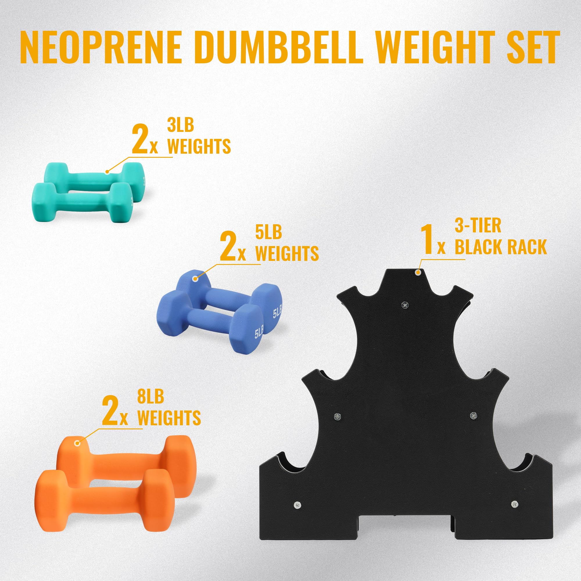 Fitvids Colored Neoprene Dumbbell Set with Rack, 32 LBS (3/5/8LB Pairs)