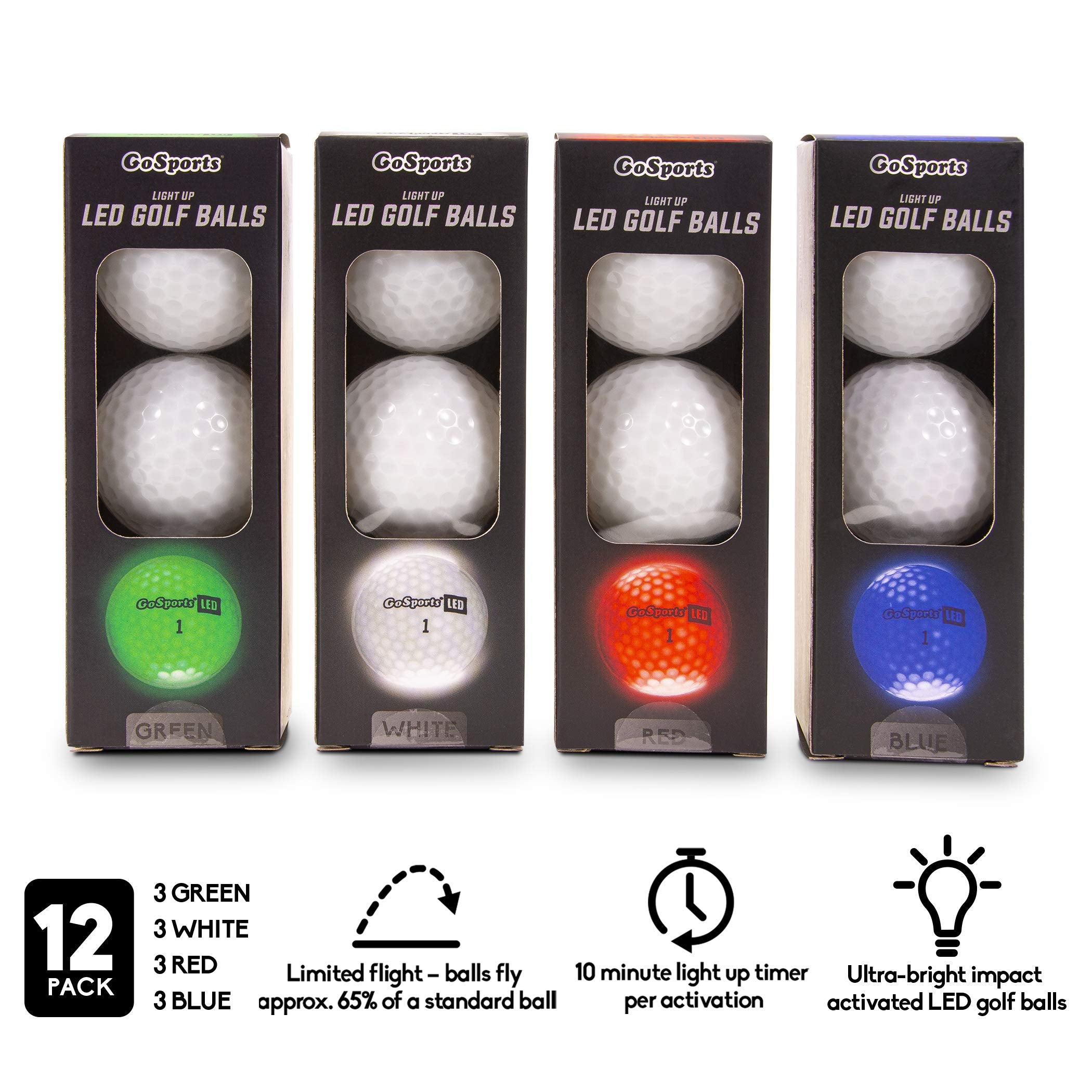 Gosports Light Up Led Golf Balls 12 Pack - Impact Activated With 10 Minute Timer