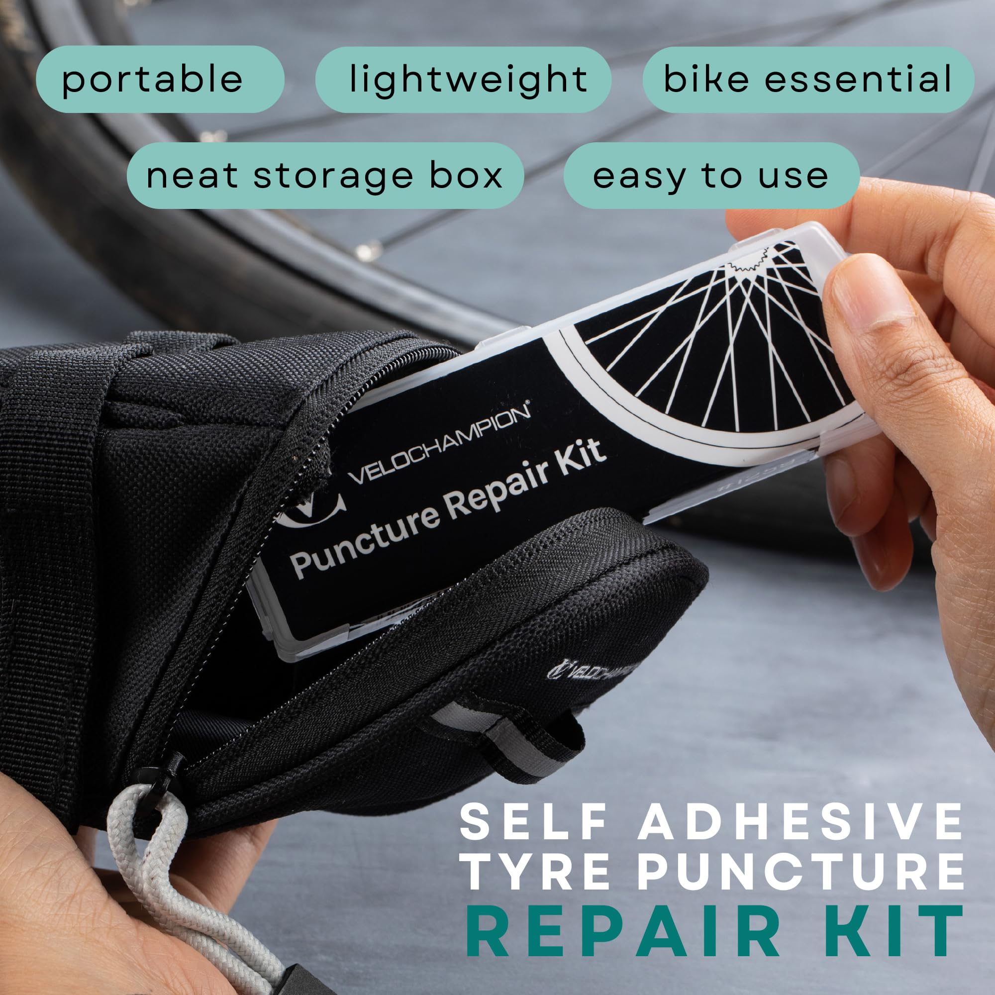 Velochampion Bike Tire Repair Kit - Pre-Glued Adhhesive Repair Patches - No Glue Needed - Quick Inner Tube Repair Kit For Mounta