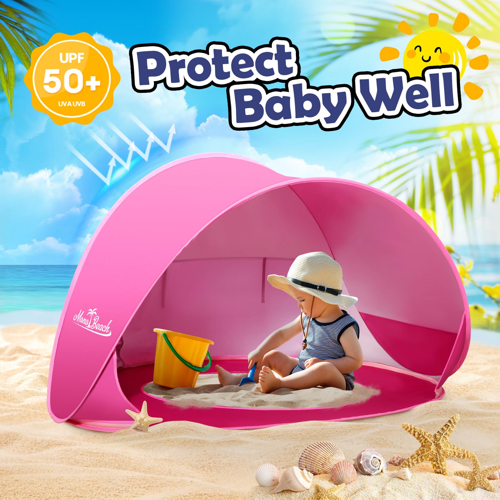 Monobeach Baby Beach Tent Pop Up Portable Shade Pool Upf50+ Uv Protection Sun Shelter For Infant With Easy Set Up Canopy (Pink B
