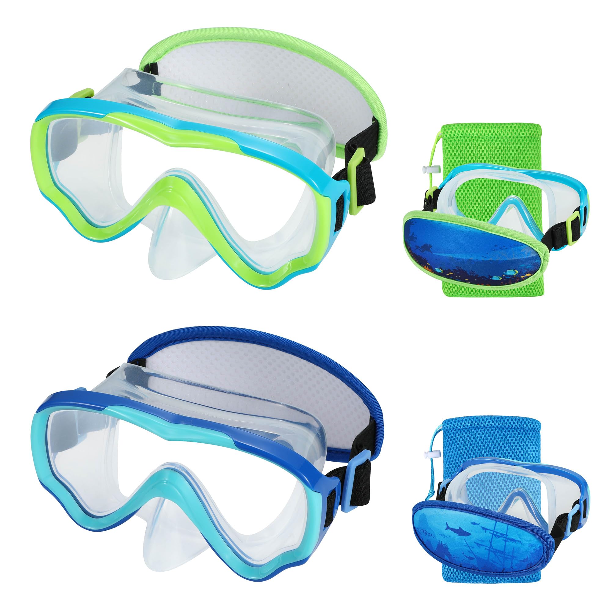 RUIGAO 2PK Kids Goggles Age 6-14, Diving Mask Elastic No TangleStrap, Swimming Goggles with Nose Cover