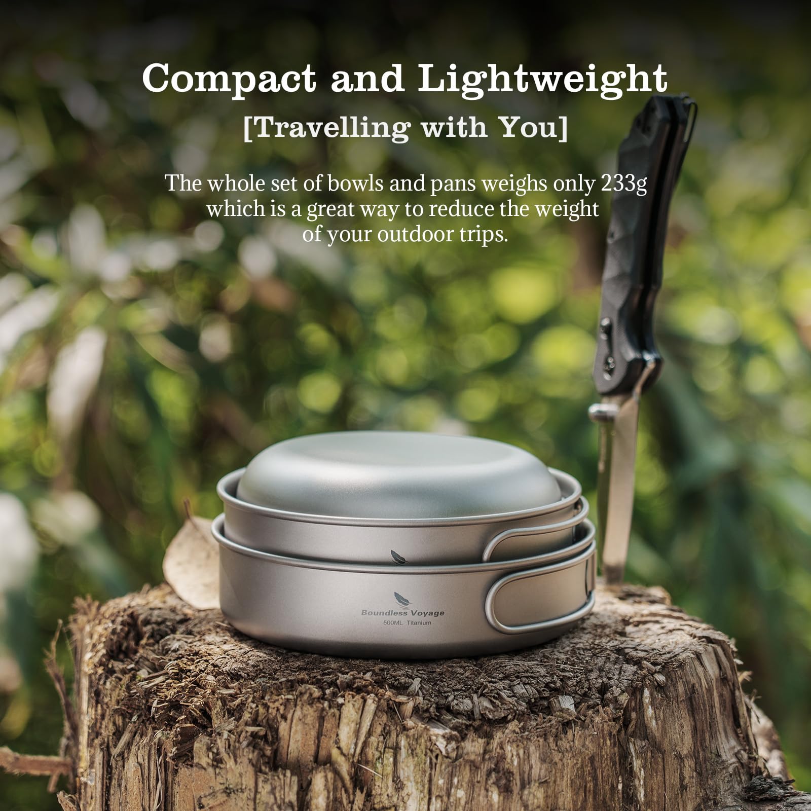 Usharedo Camping Titanium Pots Set Titanium Bowl Set Outdoor Cookware Cooking Pan Pot With Folding-Handle Travel Kitchen Mess Ki