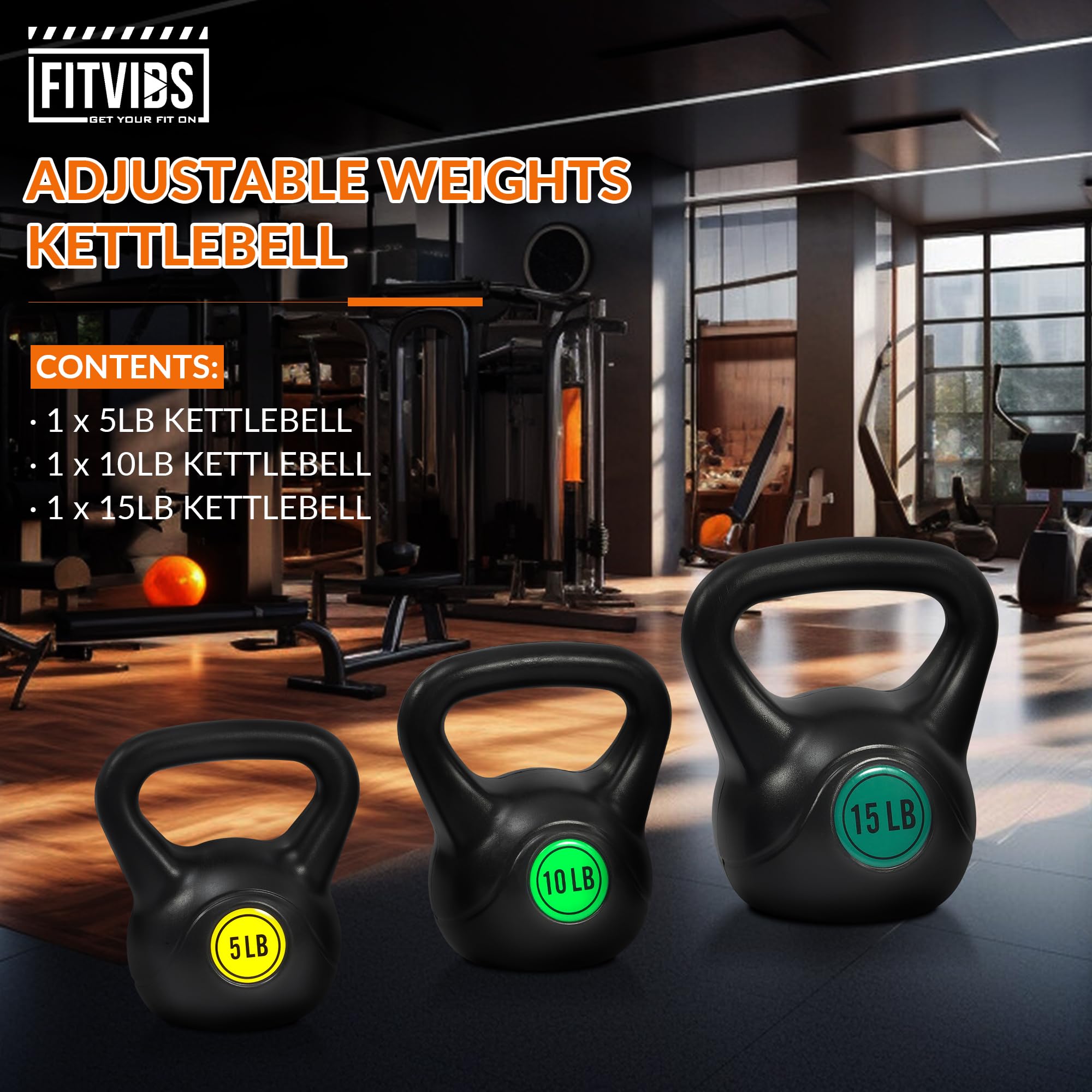 Fitvids Kettlebell Sets 3 Piece Strength Training KettleBells Weight Set 5lb, 10lb, 15lb Kettle Bell