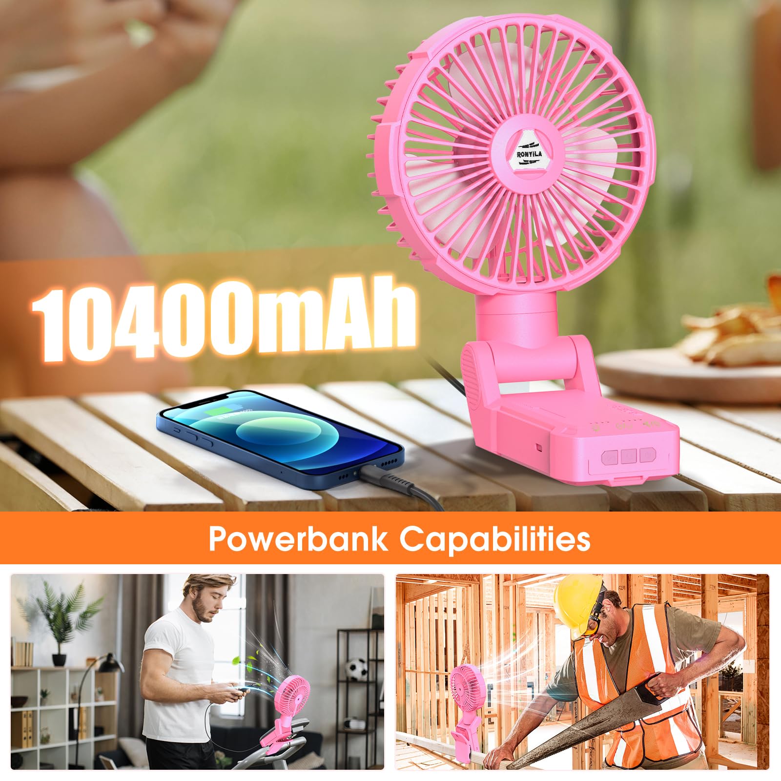 Ronyila Magnetic Cruise Fan,Magnetic Golf Cart Fan, 10400Mah Worksite Golf Cart Fans 180Rotation,Lantern