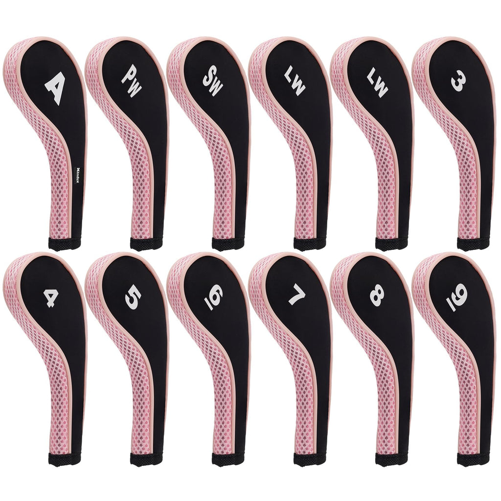 Andux Number Print Golf Iron Club Head Covers Long Neck With Zipper 12Pcs/Set Black/Pink