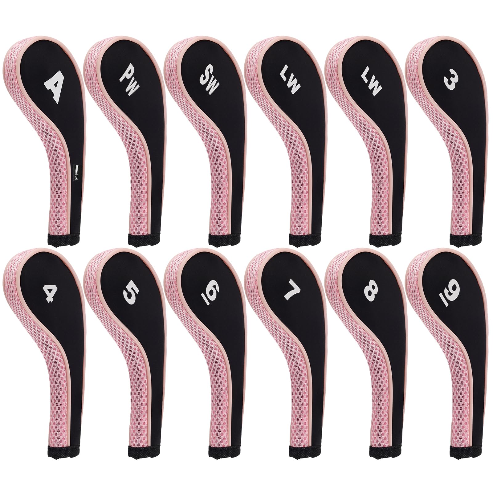 Andux Number Print Golf Iron Club Head Covers Long Neck With Zipper 12Pcs/Set Black/Pink