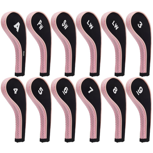 Andux Number Print Golf Iron Club Head Covers Long Neck With Zipper 12Pcs/Set Black/Pink