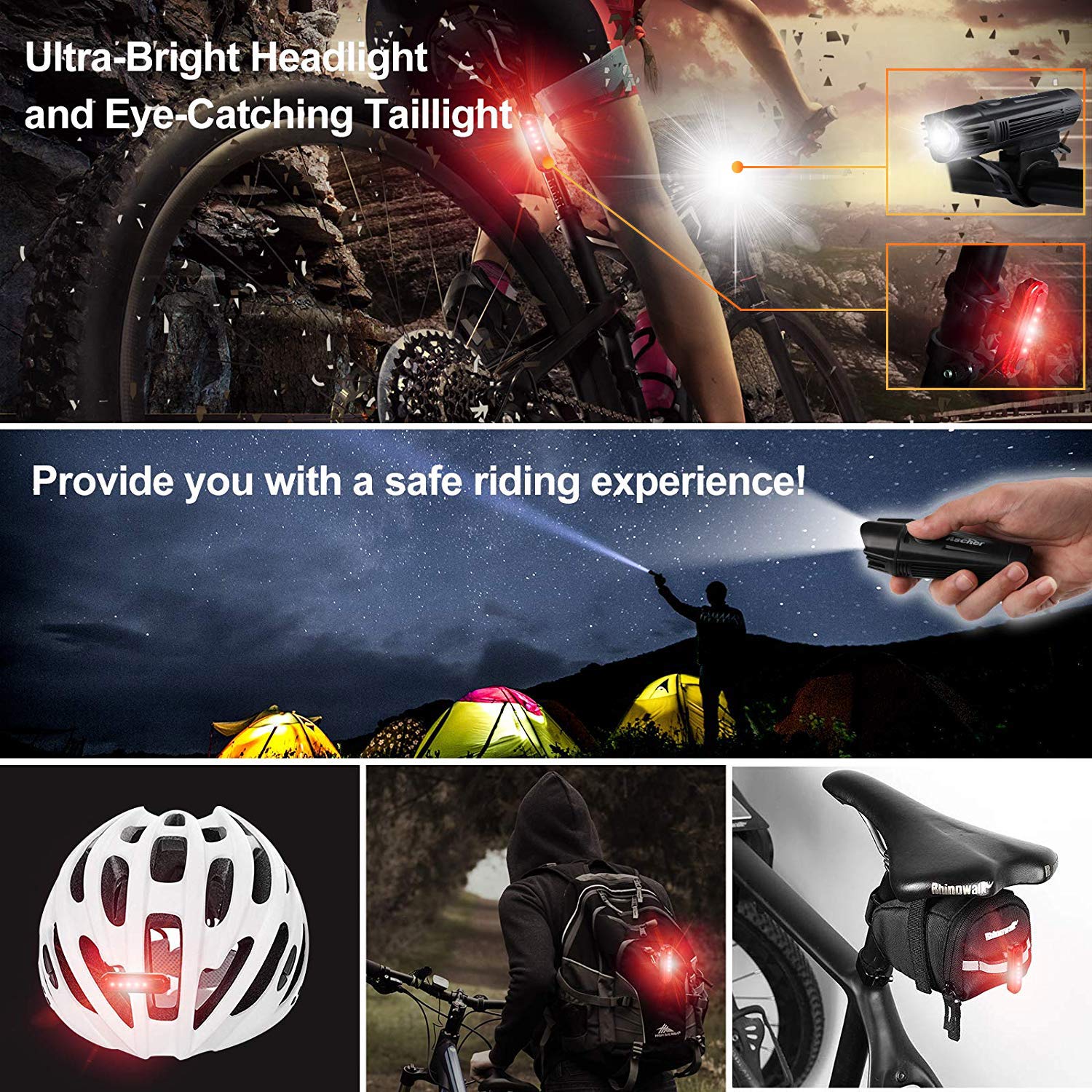 Ascher Ultra Bright Usb Rechargeable Bike Light Set, Powerful Bicycle Front Headlight And Back Taillight, 4 Light Modes, Easy To