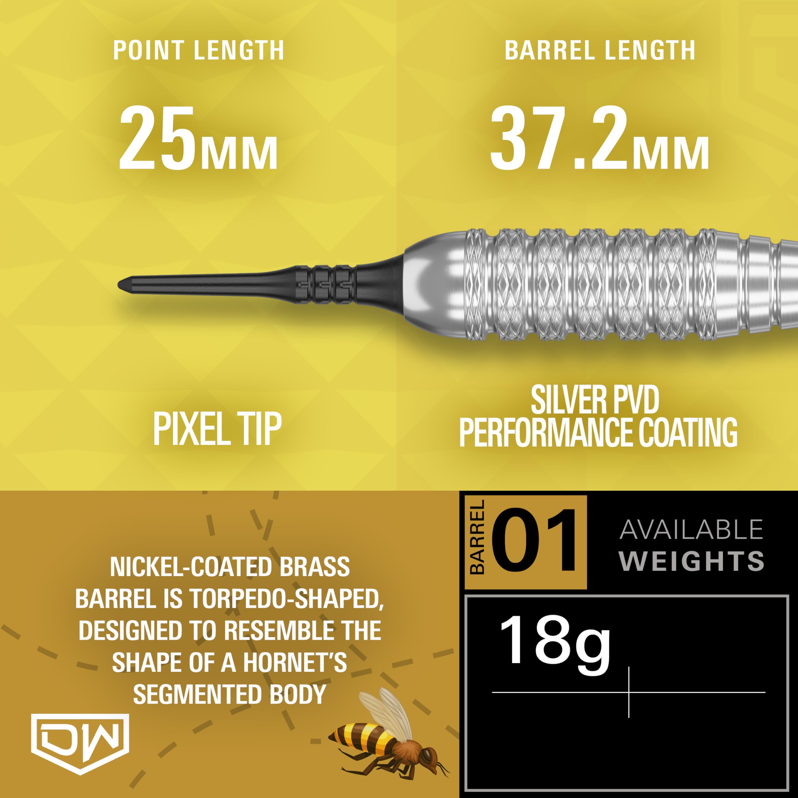 Dart World 26518 Hornet Brass Soft Tip Dart (18-Gram), Multi Colored, Precision Balanced, Accurate, And Durable - Perfect For Pr