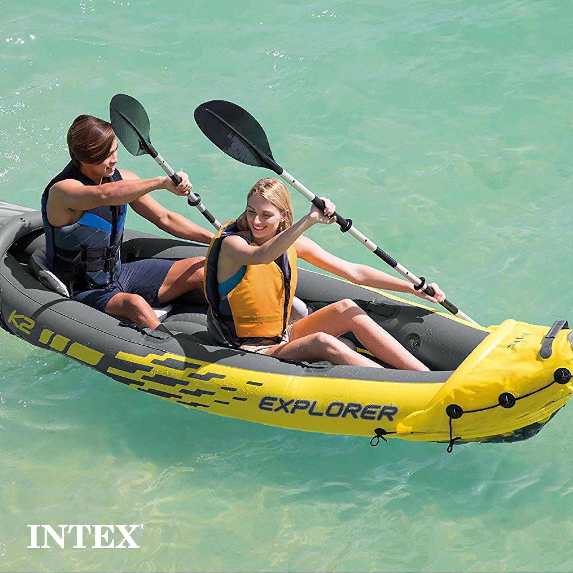 Intex 2-Person Inflatable Kayak Set W/ Pump, Aluminum Oars, Adjustable Seats, Explorer K2 - Tandem Blow-Up Raft For Adults, Grea