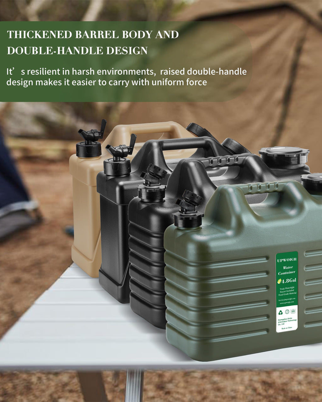 Upwoigh 5 Gallon Water Jug, Thickened Water Storage Overlanding Gear Containers, Camping Essential Truly Leak-Proof Green Water